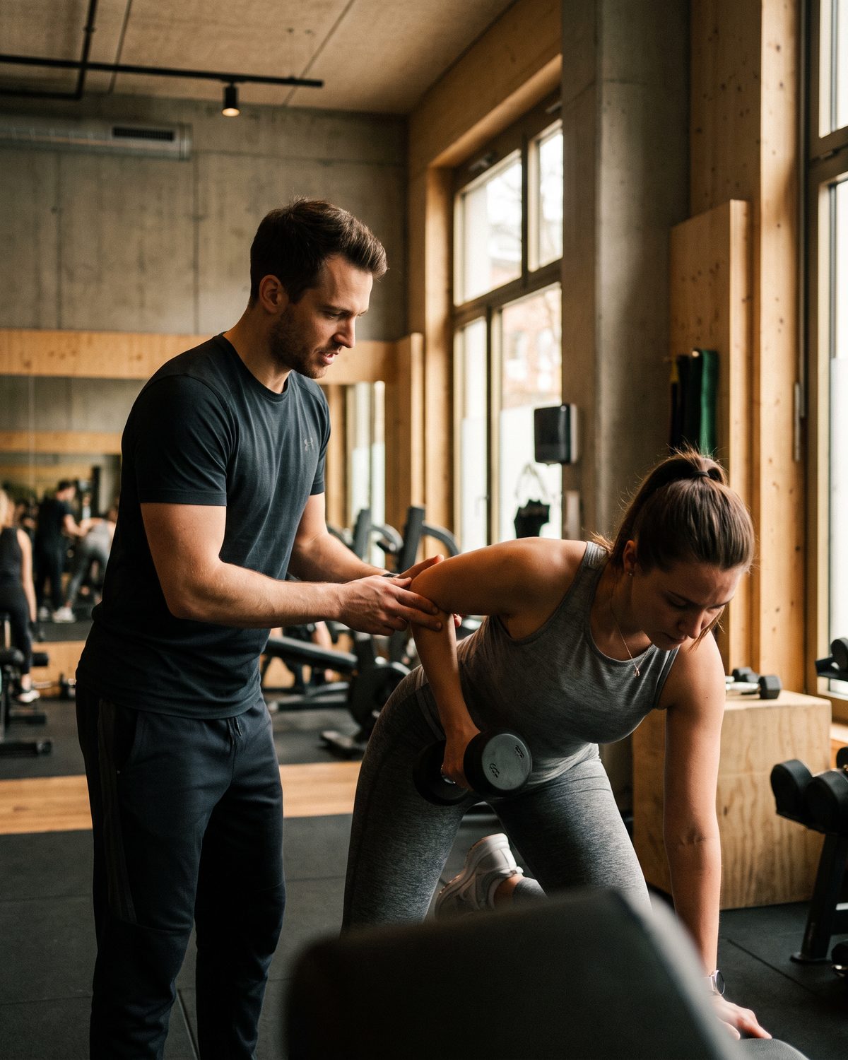 Fitnes trener ispravlja formu klijentkinji tokom treninga