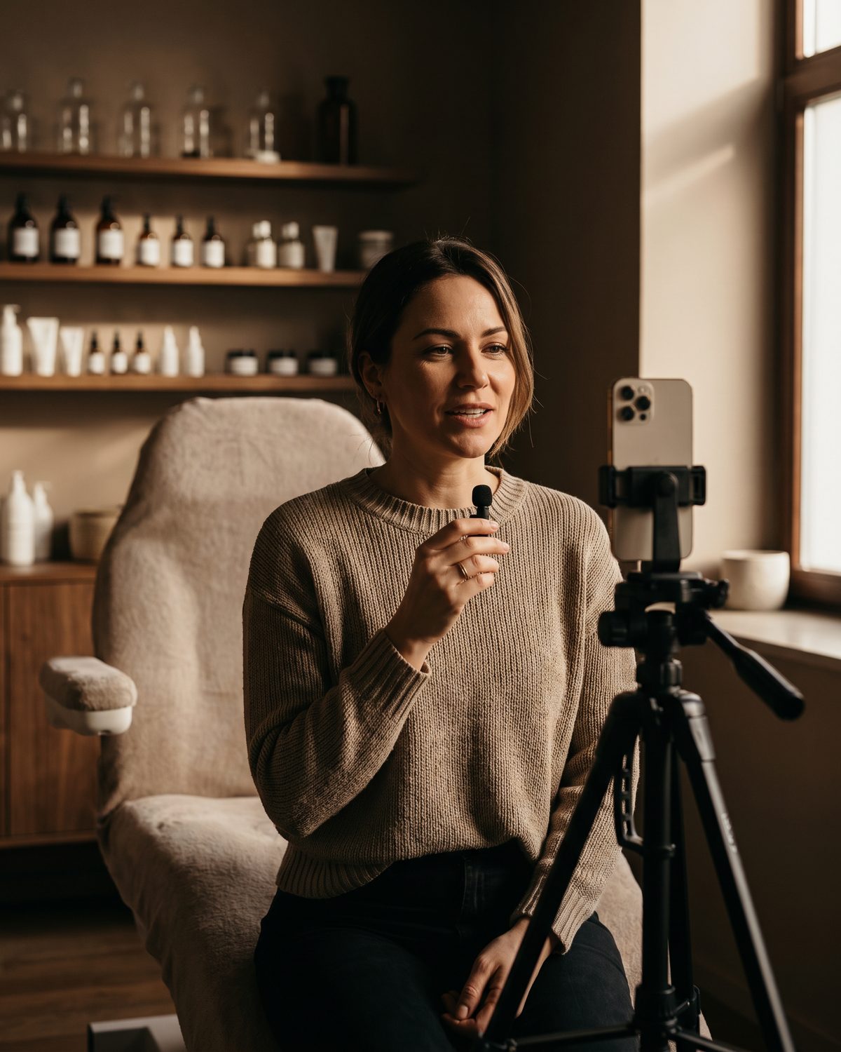 Vlasnica kozmetičkog studija snima video telefonom u svom salonu